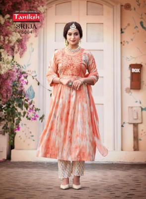 Taniksh by Srija vol 6 reyon printed flaired kurti pant and dupatta catalogue at low rate readymade suit catalogs