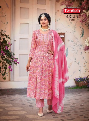 Taniksh by Srija vol 6 reyon printed flaired kurti pant and dupatta catalogue at low rate readymade suit catalogs