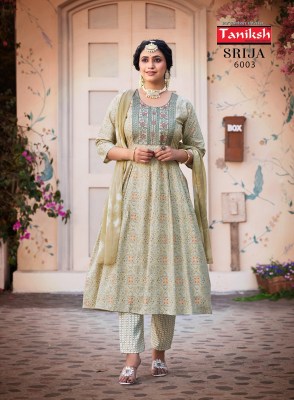 Taniksh by Srija vol 6 reyon printed flaired kurti pant and dupatta catalogue at low rate readymade suit catalogs