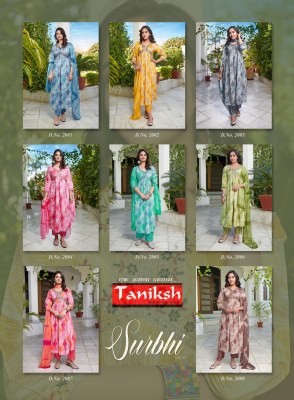 Taniksh by Surbhi vol 2 fancy saburi reyon printed embroidery kurti pant and dupatta catalogue at low rate readymade suit catalogs