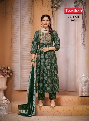 Taniksh by satvi vol 2 capsule print flared kurti pant and dupatta catalogue readymade suit catalogs