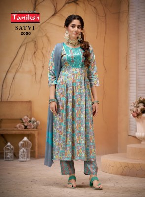 Taniksh by satvi vol 2 capsule print flared kurti pant and dupatta catalogue readymade suit catalogs