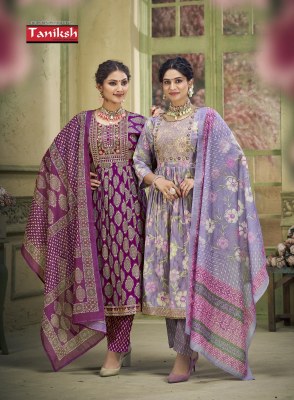 Taniksh luanch Shrika vol3 maslin print nyra cut kurti pant and dupatta catalogue at low rate readymade suit catalogs