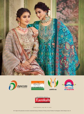 Taniksh luanch Shrika vol3 maslin print nyra cut kurti pant and dupatta catalogue at low rate readymade suit catalogs