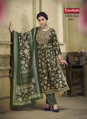 Taniksh luanch Shrika vol3 maslin print nyra cut kurti pant and dupatta catalogue at low rate readymade suit catalogs