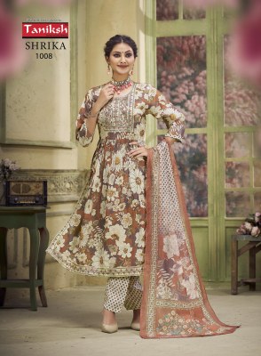 Taniksh luanch Shrika vol3 maslin print nyra cut kurti pant and dupatta catalogue at low rate readymade suit catalogs