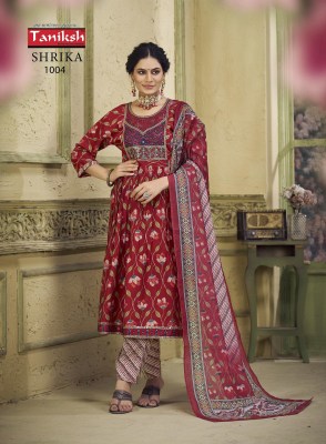 Taniksh luanch Shrika vol3 maslin print nyra cut kurti pant and dupatta catalogue at low rate readymade suit catalogs