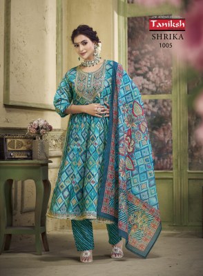 Taniksh luanch Shrika vol3 maslin print nyra cut kurti pant and dupatta catalogue at low rate readymade suit catalogs