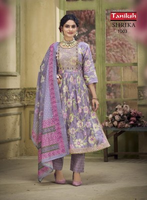 Taniksh luanch Shrika vol3 maslin print nyra cut kurti pant and dupatta catalogue at low rate readymade suit catalogs