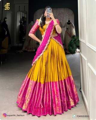 Tarika South Indian Grace Premium Narayan Pattu Exquisite Zari Weaving And Georgette Dupatta 2023 Yellow Colour Lehengha Choli Wholesale lehenga choli