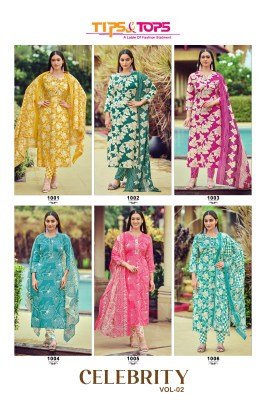 Tips And Tops Celebrity Vol 02 Premium Rayon Print Suit Pant  with Cotton Mal Dupatta Wholesale kurtis catalogs