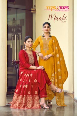  Tips And Tops Maahi Vol 2 Premium Roman Silk Embroidered Suit Set with Chanderi Dupatta Ethnic 3pc Collection Wholesale  Tips and tops