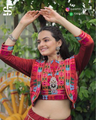 Traditional Ramkudi Maroon Colour Roman Lehenga Choli Roman Fabric Lehenga with Kutchi Gamthi Embroidered Koti And Gota Patti Lace Chain Navratri Edit lehenga choli