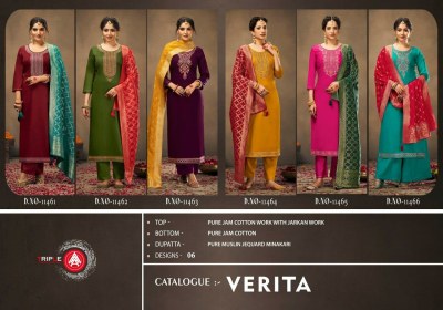 Triple present Verita new designer pure jam cotton work with jarkan work unstitched suit material catalogue at wholesale price salwar kameez catalogs