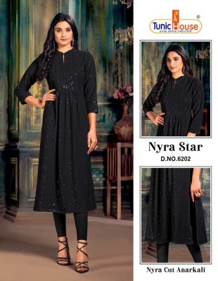 Tunic House Nyra Star Viscous Rayon Chikankari Nyra Cut Flair Kurti collection  kurtis catalogs