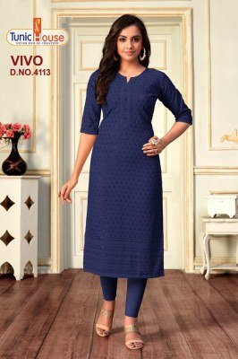 Tunic House Vivo Chikankari Sequence Kurti Viscose Rayon Designer Kurti Wholesale kurtis catalogs