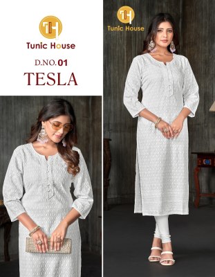 Tunic House by Tesla fully chikankari work straight kurti catalogue at low rate readymade suit catalogs