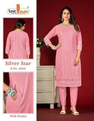 Tunic house new silver star apple georgette chikankari sequence work Kurti collection 