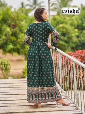 Tvisha Pushpa vol 5 Heavy Rayon Slit Cut Long Gown Kurti Wholesaler  kurtis catalogs