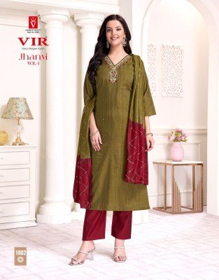 VIR Jhanvi Vol 1 Designer Suit Set  Vertican Simmer Top  Dentin Pant And Chanderi Dupatta Wholesale kurtis catalogs