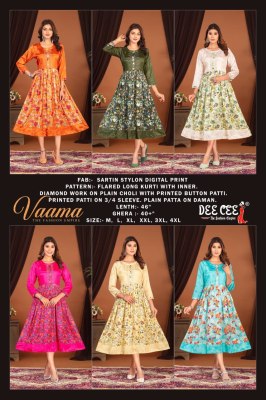 Vaama by Deecee Satin stylon digital printed fancy flared kurti catalogue kurtis catalogs