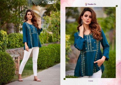 Vamika Nx present Rang mahal premium heavy reyon western tunic with embroidered neck catalogue at wholesale price western wear catalogs