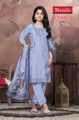 Vamika by Nemis Roman Silk embroidered work Kurti pant and dupatta catalogue at low price Vamika nx