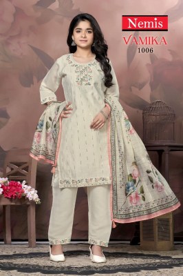 Vamika by Nemis Roman Silk embroidered work Kurti pant and dupatta catalogue at low price readymade suit catalogs