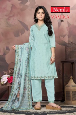 Vamika by Nemis Roman Silk embroidered work Kurti pant and dupatta catalogue at low price readymade suit catalogs