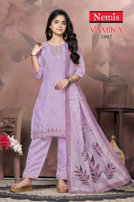 Vamika by Nemis Roman Silk embroidered work Kurti pant and dupatta catalogue at low price readymade suit catalogs