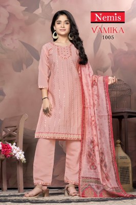 Vamika by Nemis Roman Silk embroidered work Kurti pant and dupatta catalogue at low price readymade suit catalogs