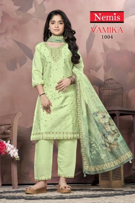 Vamika by Nemis Roman Silk embroidered work Kurti pant and dupatta catalogue at low price readymade suit catalogs