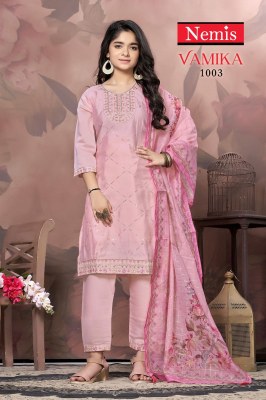 Vamika by Nemis Roman Silk embroidered work Kurti pant and dupatta catalogue at low price readymade suit catalogs