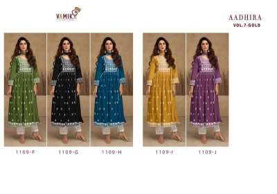 Vamika by aadhira vol 7 gold pure rayon viscose with lukhnavi work kurti with pant and dupatta catalog at wholesale rate kurtis catalogs