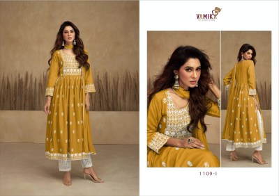 Vamika by aadhira vol 7 gold pure rayon viscose with lukhnavi work kurti with pant and dupatta catalog at wholesale rate kurtis catalogs