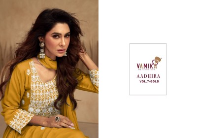 Vamika by aadhira vol 7 gold pure rayon viscose with lukhnavi work kurti with pant and dupatta catalog at wholesale rate kurtis catalogs