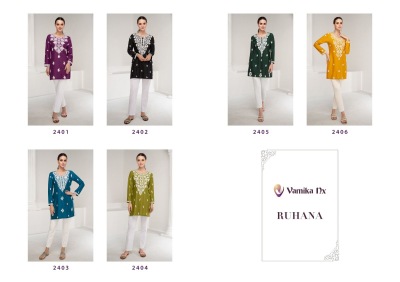 Vamika nx by ruhana ethnic style embroidered short kurti catalogue at affordable rate western wear catalogs