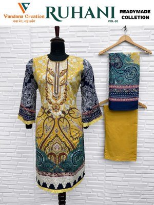 Vandana Creation Ruhani Vol 30 Cotton Suit Set Embroidered Neck, Bell Sleeves, Plazzo Bottom, Cotton Mall Dupatta Wholesale Vandana creation