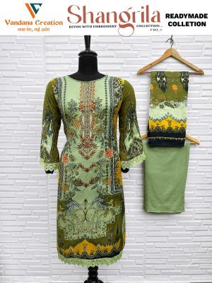 Vandana Creation Shangrila Vol 1 Reyon Digital Print Top with Embroidered Neck And Bell Sleeves Plazzo Bottom Cotton Mall Dupatta with Lace on Gala  D Vandana creation