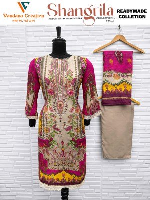Vandana Creation Shangrila Vol 1 Reyon Digital Print Top with Embroidered Neck And Bell Sleeves Plazzo Bottom Cotton Mall Dupatta with Lace on Gala  D kurtis catalogs
