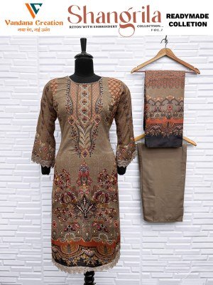 Vandana Creation Shangrila Vol 1 Reyon Digital Print Top with Embroidered Neck And Bell Sleeves Plazzo Bottom Cotton Mall Dupatta with Lace on Gala  D kurtis catalogs