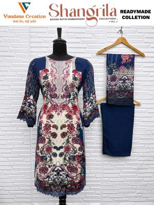 Vandana Creation Shangrila Vol 1 Reyon Digital Print Top with Embroidered Neck And Bell Sleeves Plazzo Bottom Cotton Mall Dupatta with Lace on Gala  D kurtis catalogs