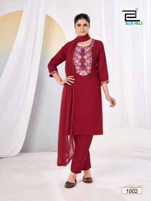 Vansika by Blue hills reyon embroidered fancy kurti pant and dupatta catalogue  readymade suit catalogs