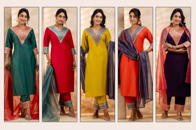 Varmala presented Heavy Chinon Embroidered readymade suit with low rate readymade suit catalogs