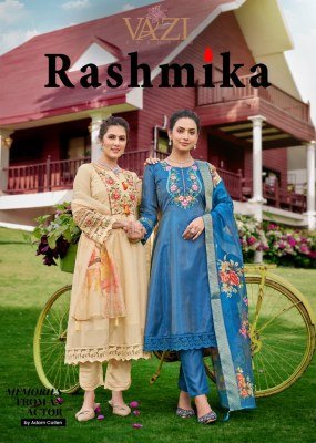 Vazi Fashion Rashmika Premium Designer Suit Pure Viscose Tissue Shimmer with Aariwork Jacquard Organza Dupatta Wholesale wholesale catalogs