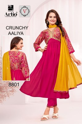 Veda by Crunchy Alia modal printed with fancy flared kurti pant and dupatta catalogue at affordable rate  readymade suit catalogs