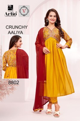 Veda by Crunchy Alia modal printed with fancy flared kurti pant and dupatta catalogue at affordable rate  readymade suit catalogs