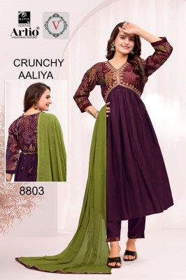 Veda by Crunchy Alia modal printed with fancy flared kurti pant and dupatta catalogue at affordable rate  readymade suit catalogs