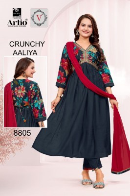 Veda by Crunchy Alia modal printed with fancy flared kurti pant and dupatta catalogue at affordable rate  readymade suit catalogs