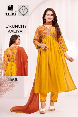 Veda by Crunchy Alia modal printed with fancy flared kurti pant and dupatta catalogue at affordable rate  readymade suit catalogs